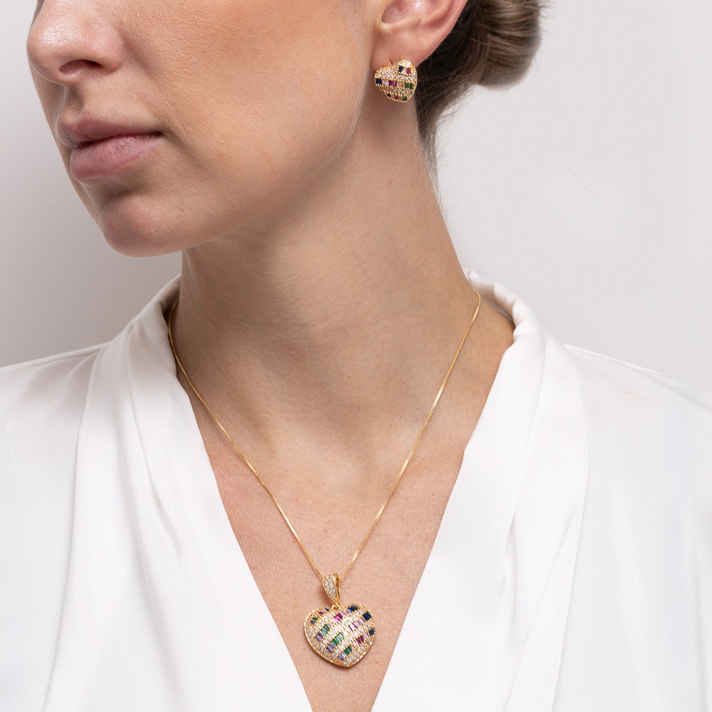 CONJUNTO CORAÇÃO COM ZIRCÔNIAS NAVETE COLORIDAS BANHO OURO 18K