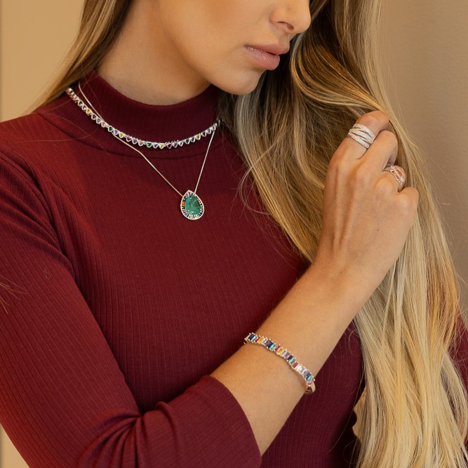 BRACELETE COM ZIRCÔNIAS NAVETE COLORIDAS BANHO PRATA