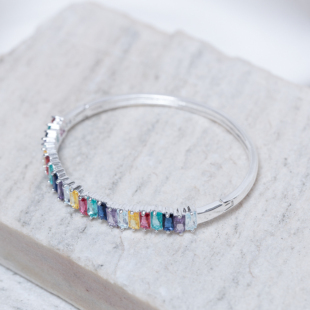 BRACELETE COM ZIRCÔNIAS NAVETE COLORIDAS BANHO PRATA