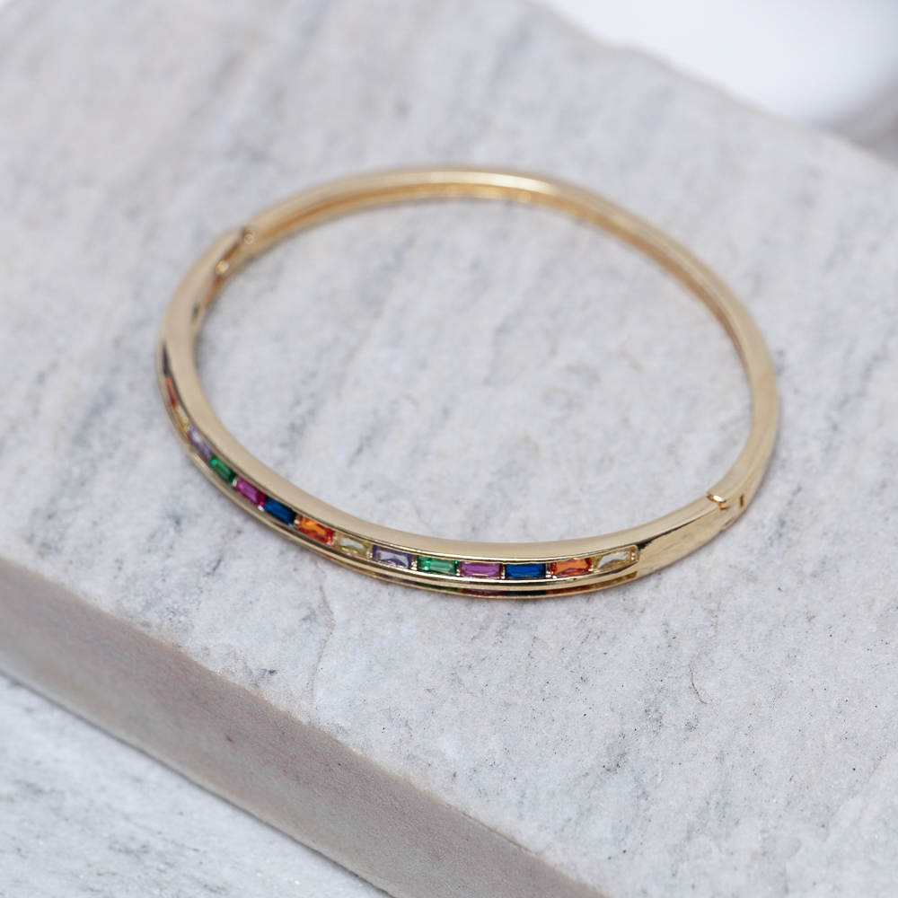 BRACELETE ABAULADO COM ZIRCÔNIAS COLORIDAS BANHO OURO 18K