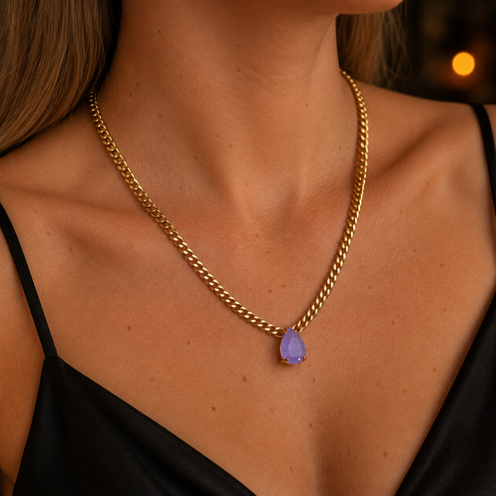 COLAR CORRENTE COM PEDRA ROXA BANHO OURO 18K