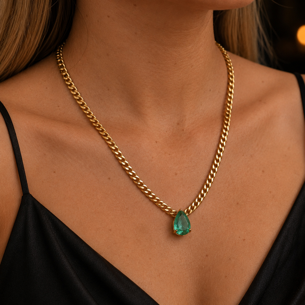 COLAR CORRENTE COM PEDRA VERDE TIFFANY BANHO OURO 18K