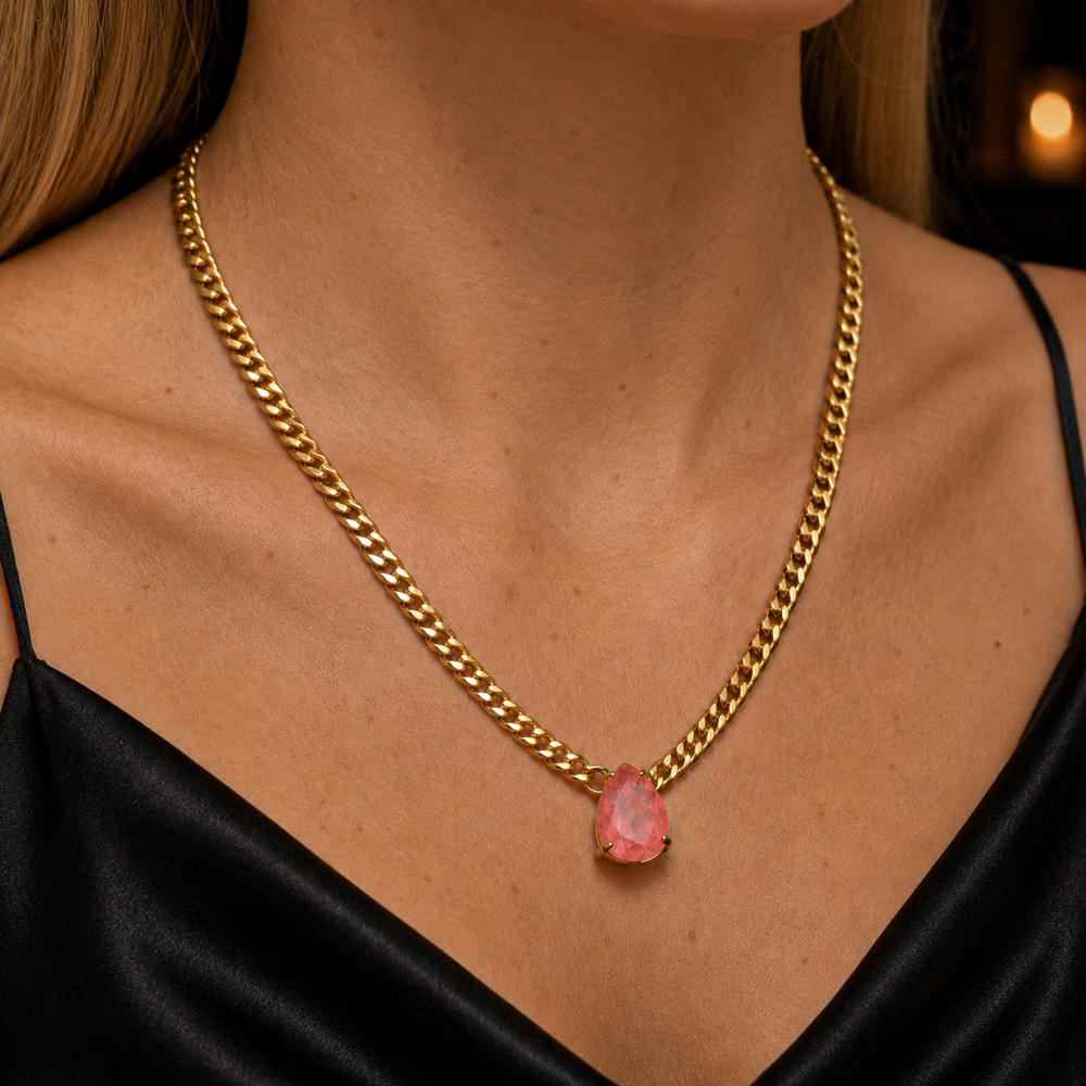 COLAR CORRENTE COM PEDRA GOIABA BANHO OURO 18K