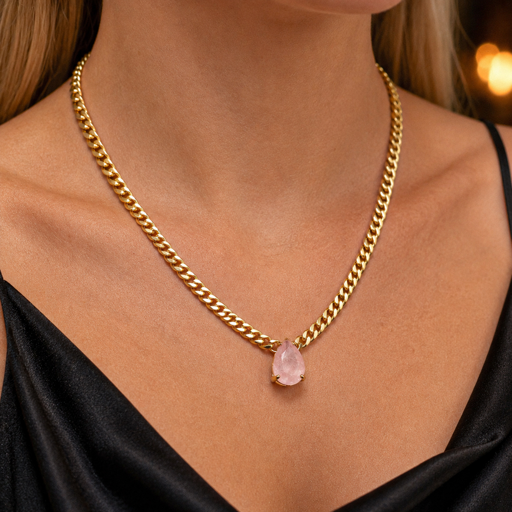 COLAR CORRENTE COM PEDRA ROSA CLARO BANHO OURO 18K