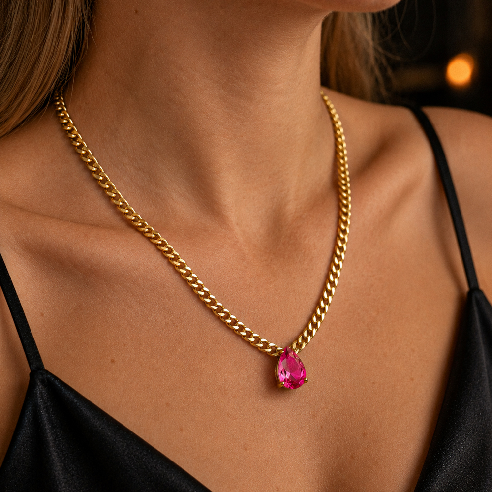 COLAR CORRENTE COM PEDRA PINK BANHO OURO 18K