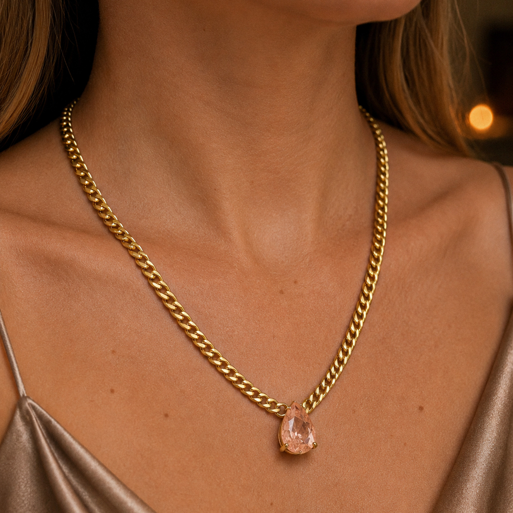 COLAR CORRENTE COM PEDRA SALMÃO BANHO OURO 18K