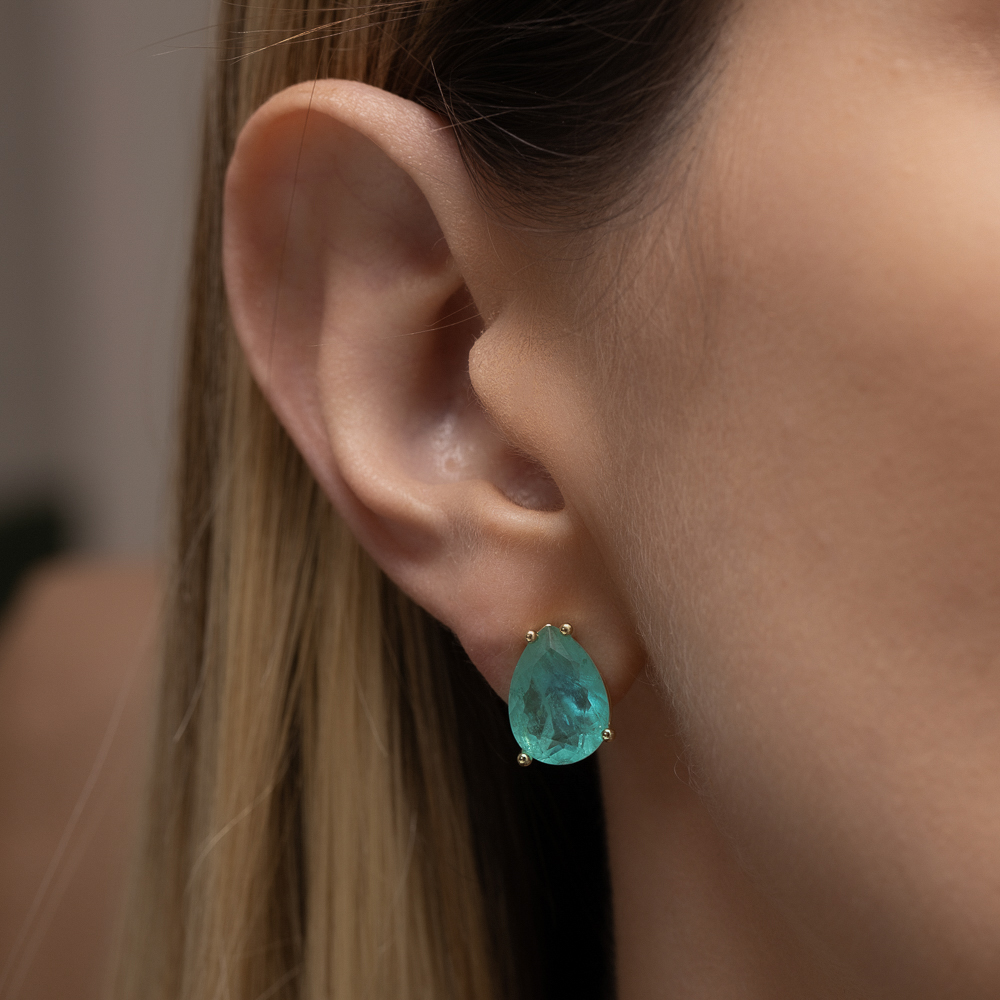 BRINCO GOTA COM PEDRA VERDE TIFFANY BANHO OURO 18K