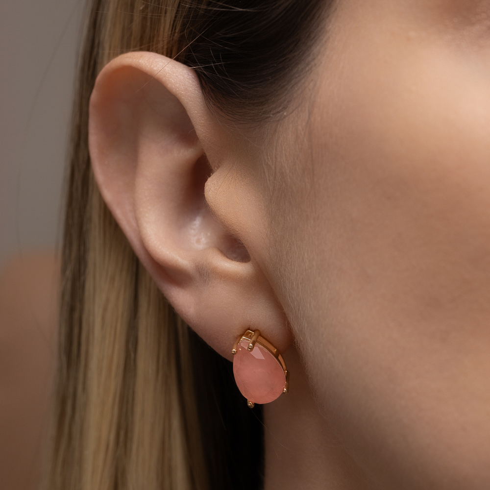 BRINCO GOTA COM PEDRA PEACH BANHO OURO 18K