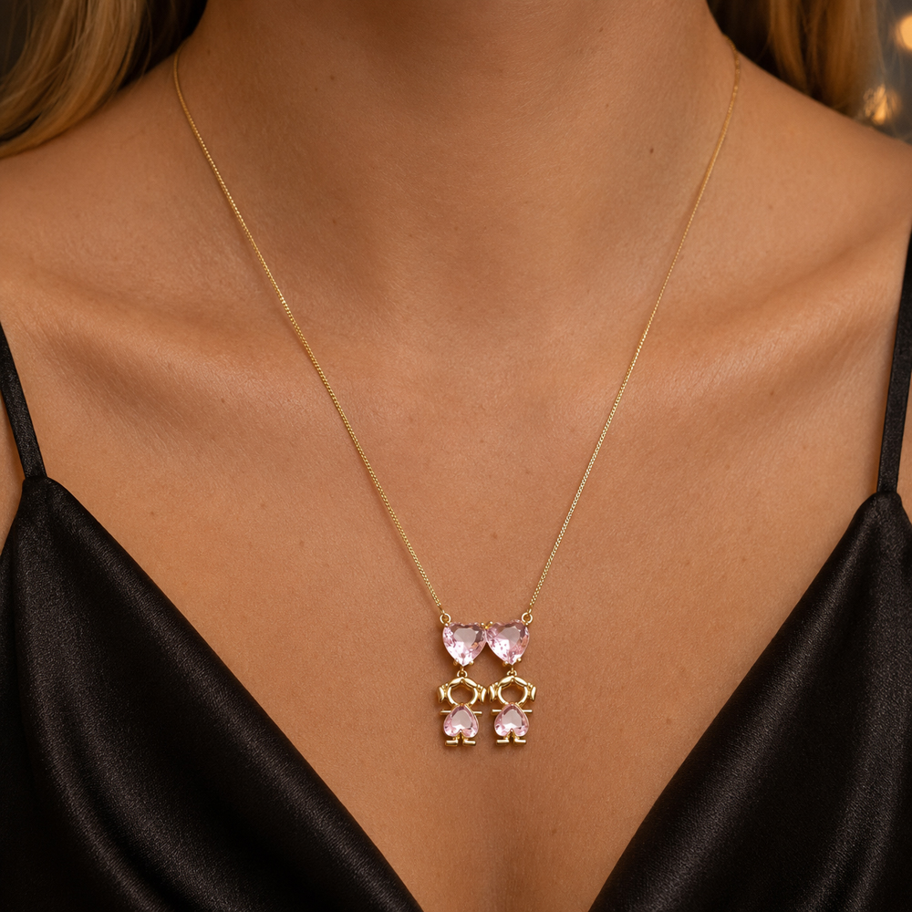 COLAR FILHAS MENINAS COM PEDRA ROSA CLARO BANHO OURO 18K