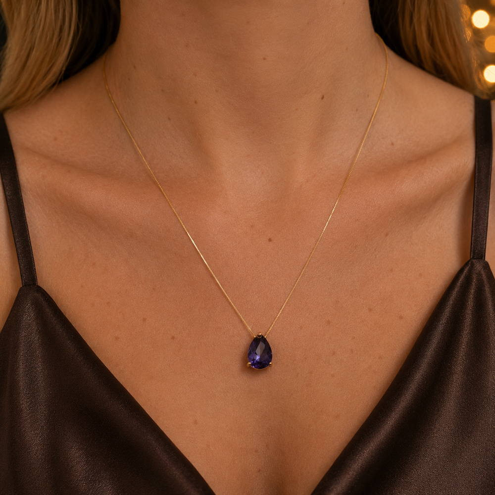 COLAR PINGENTE GOTA ROXA BANHO OURO 18K