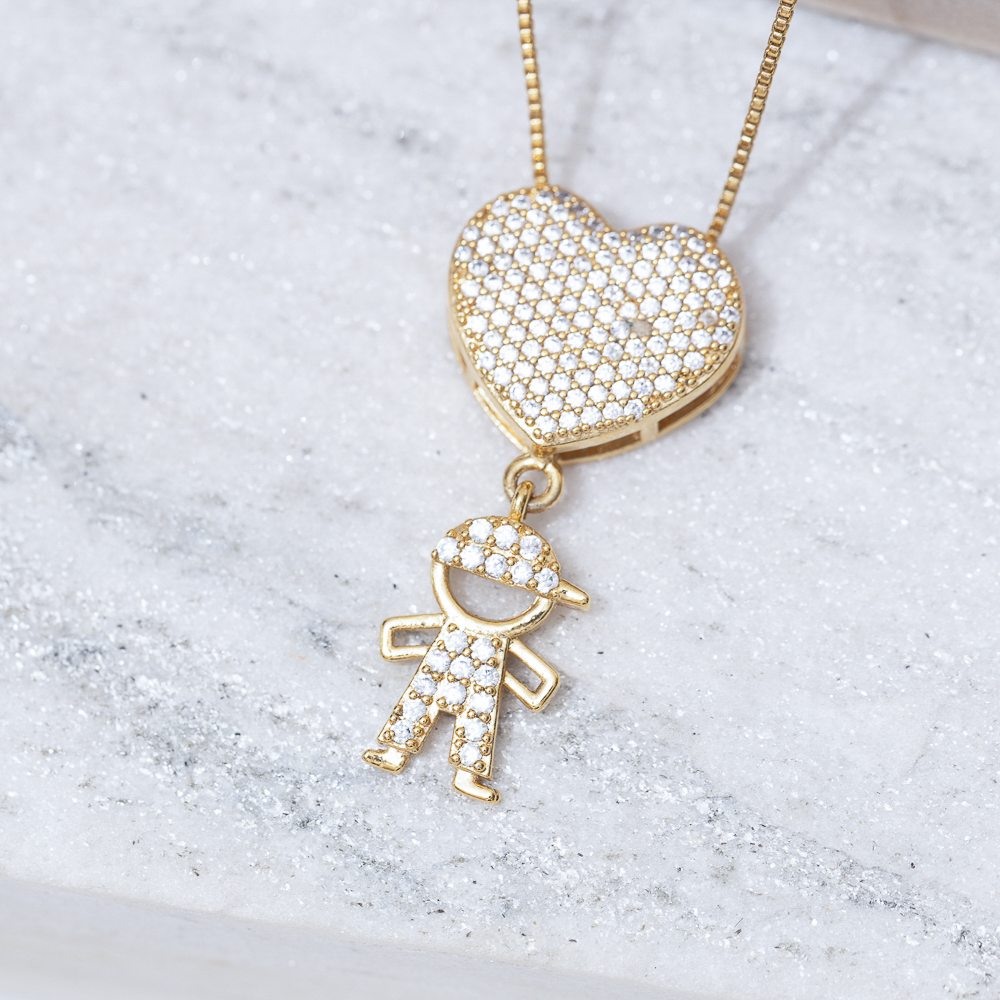 COLAR FILHO MENINO COM CORAÇÃO CRAVEJADO BANHO OURO 18K