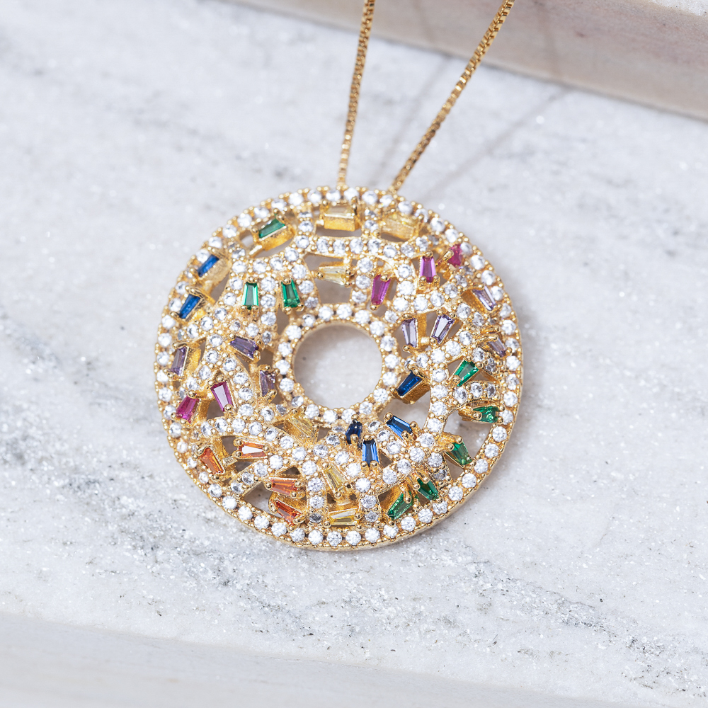 COLAR DONUT COM ZIRCÔNIAS COLORIDAS BANHO OURO 18K