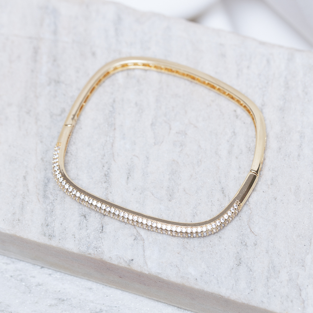 BRACELETE QUADRADO CRAVEJADO CRISTAL BANHO OURO 18K