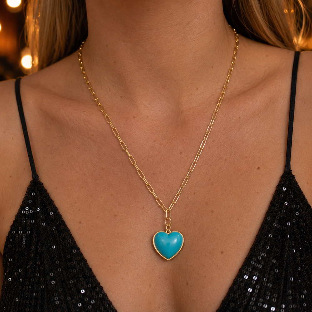 COLAR ELOS CARTIER E CORAÇÃO VERDE BANHO OURO 18K