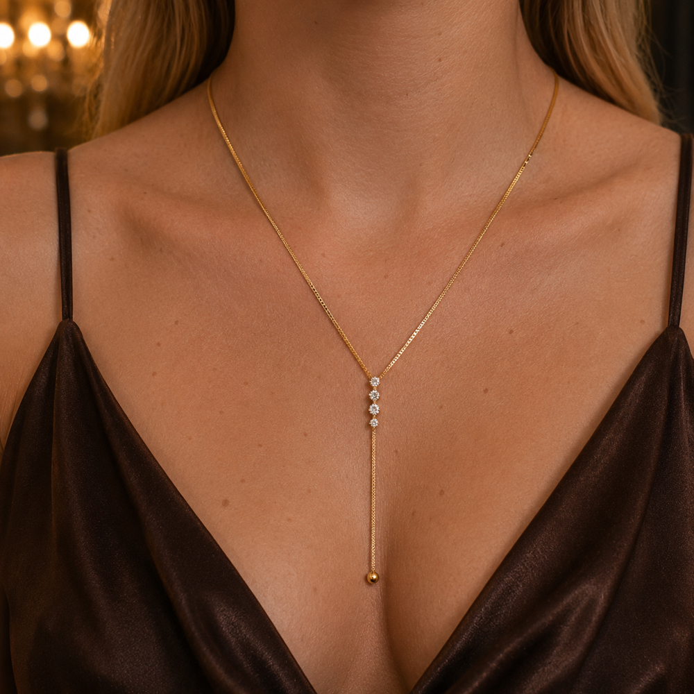 COLAR PÊNDULO COM ZIRCÔNIAS BANHO OURO 18K