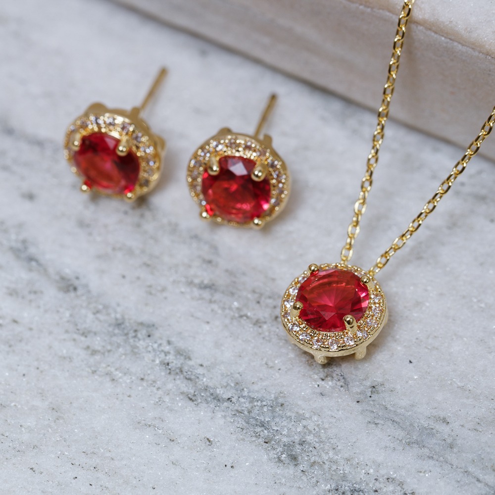 CONJUNTO PONTO DE LUZ VERMELHO RUBI BANHO OURO 18K