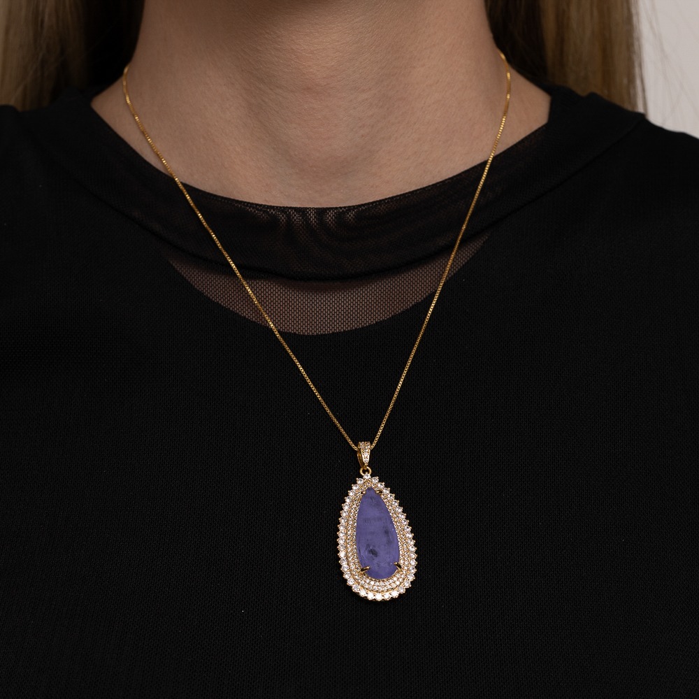 COLAR GOTA G COM PEDRA ROXA BANHO OURO 18K