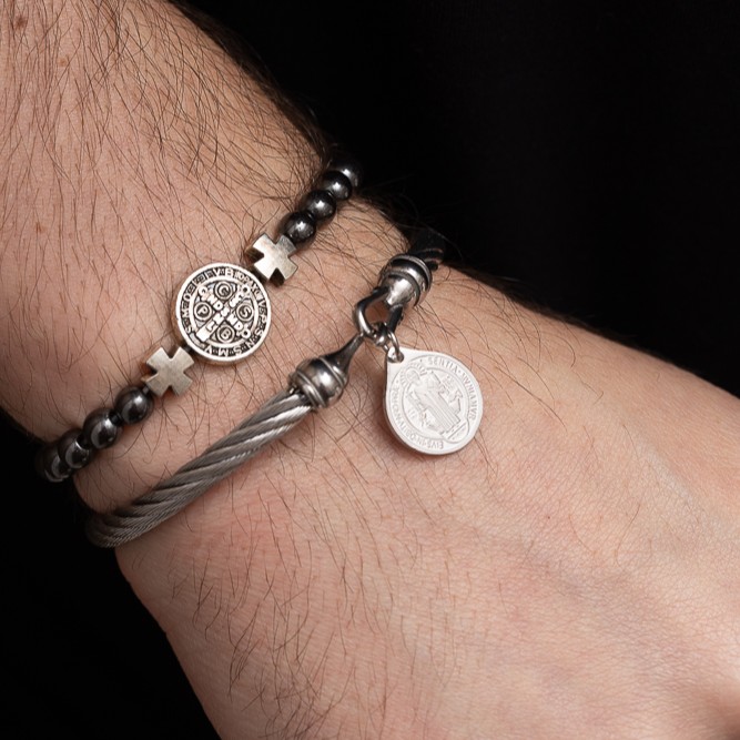 PULSEIRA BRACELETE MASCULINO SÃO BENTO EM AÇO INÓX