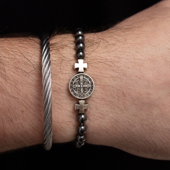 PULSEIRA BRACELETE MASCULINO SÃO BENTO EM AÇO INÓX