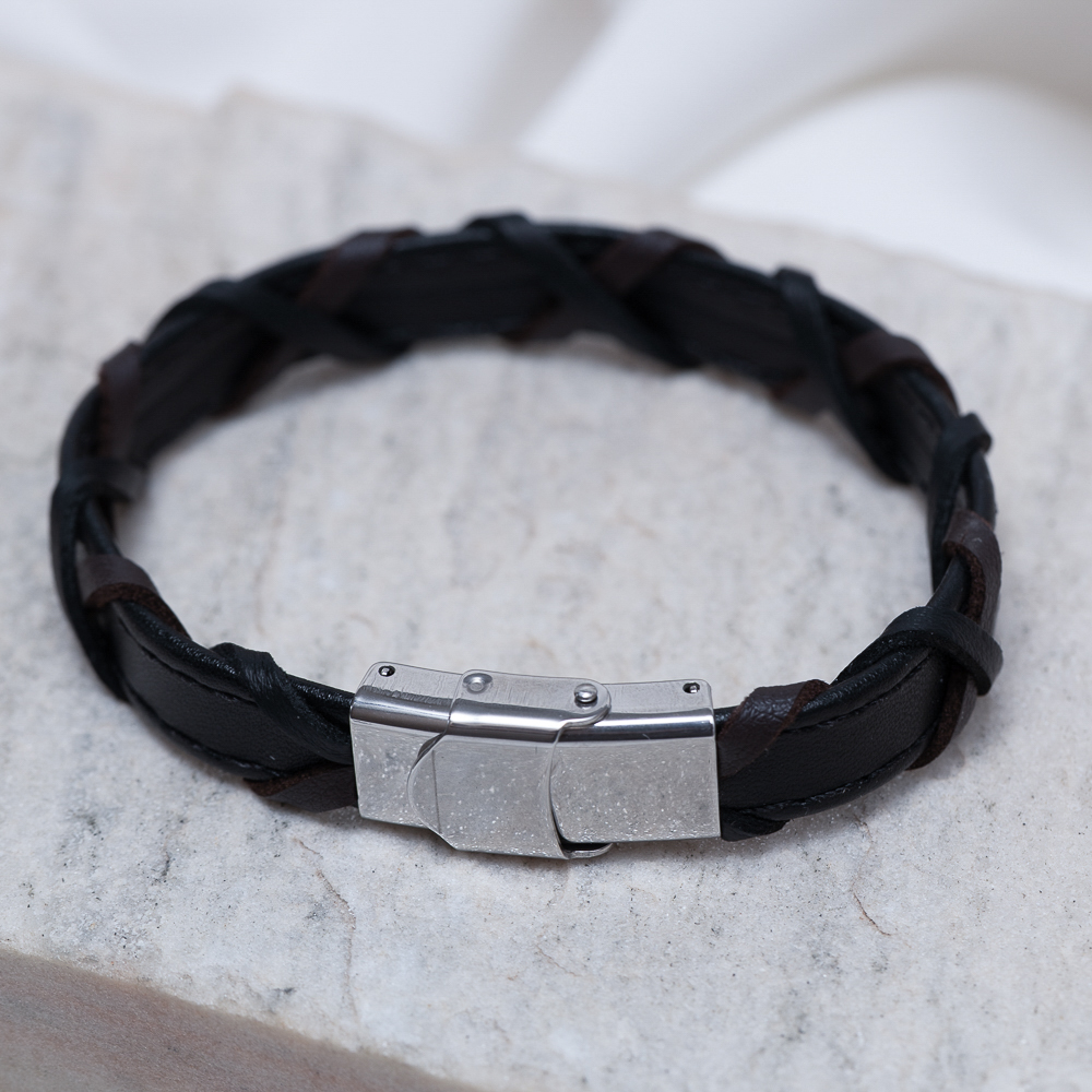 PULSEIRA COURO MARROM TRANÇADO E AÇO