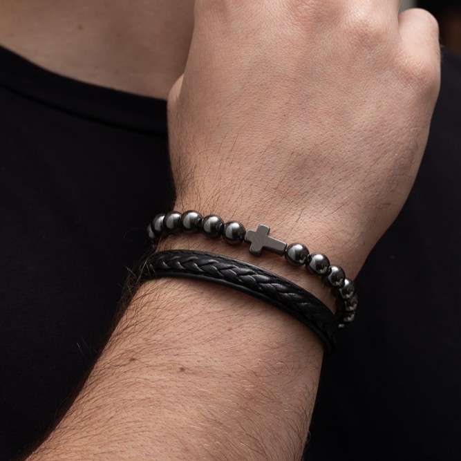 PULSEIRA COURO TRANÇADO E AÇO