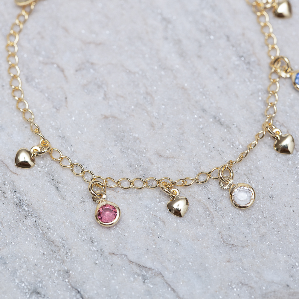 PULSEIRA INFANTIL CORAÇÕES E PEDRAS COLORIDAS BANHO OURO 18K