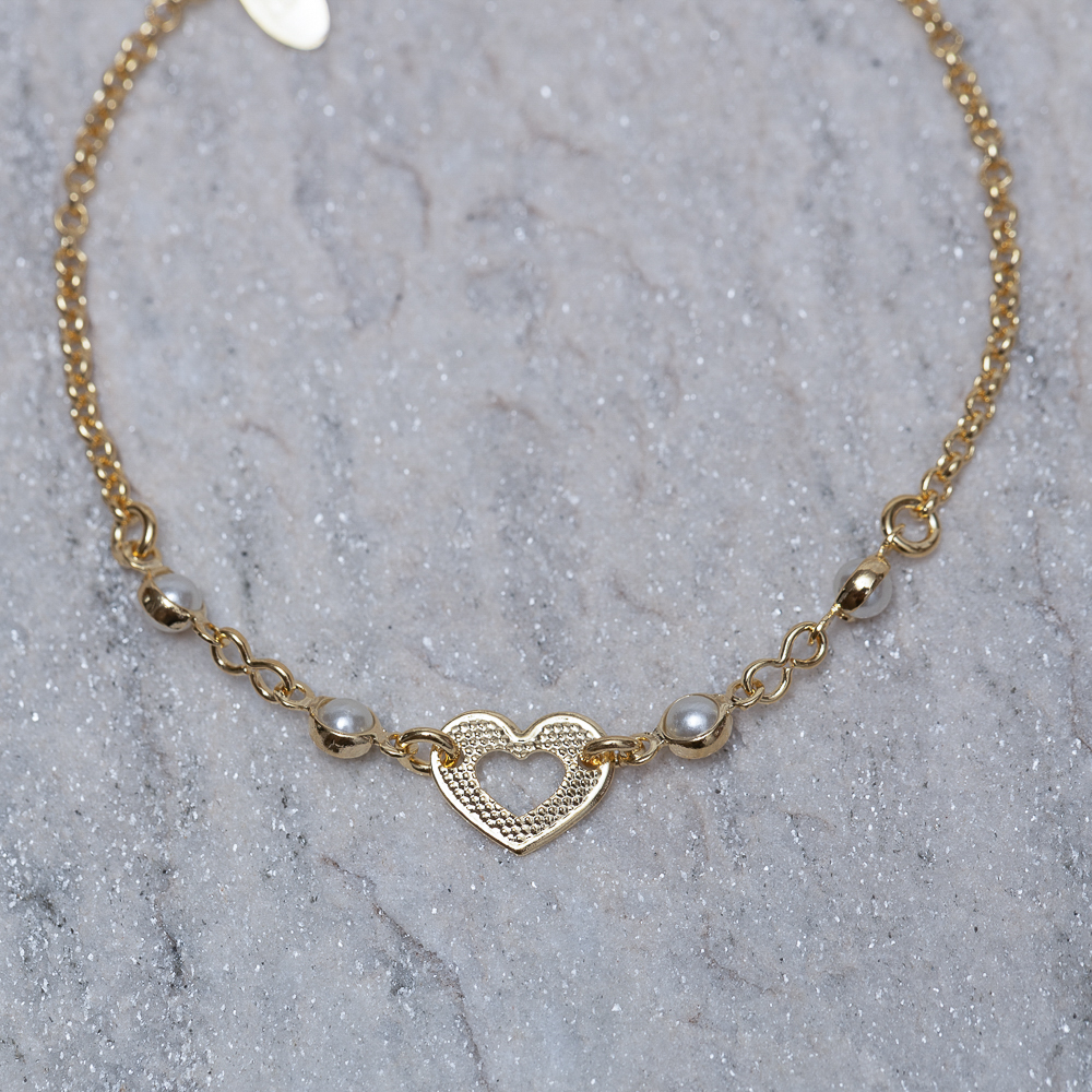 PULSEIRA INFANTIL CORAÇÃO E PÉROLAS BANHO OURO 18K