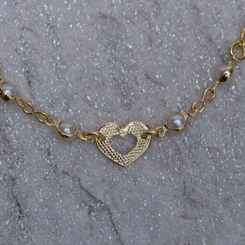 PULSEIRA INFANTIL CORAÇÃO E PÉROLAS BANHO OURO 18K