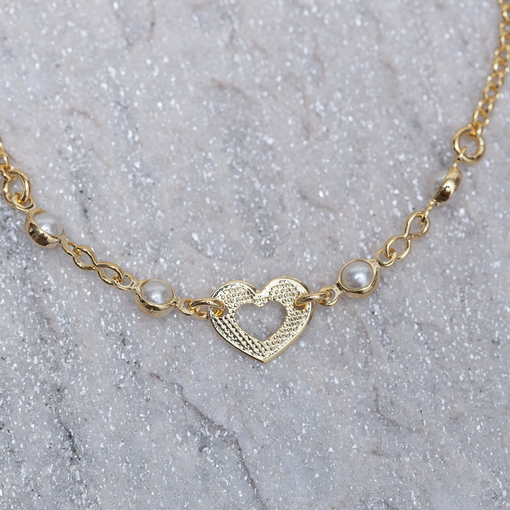 PULSEIRA INFANTIL CORAÇÃO E PÉROLAS BANHO OURO 18K