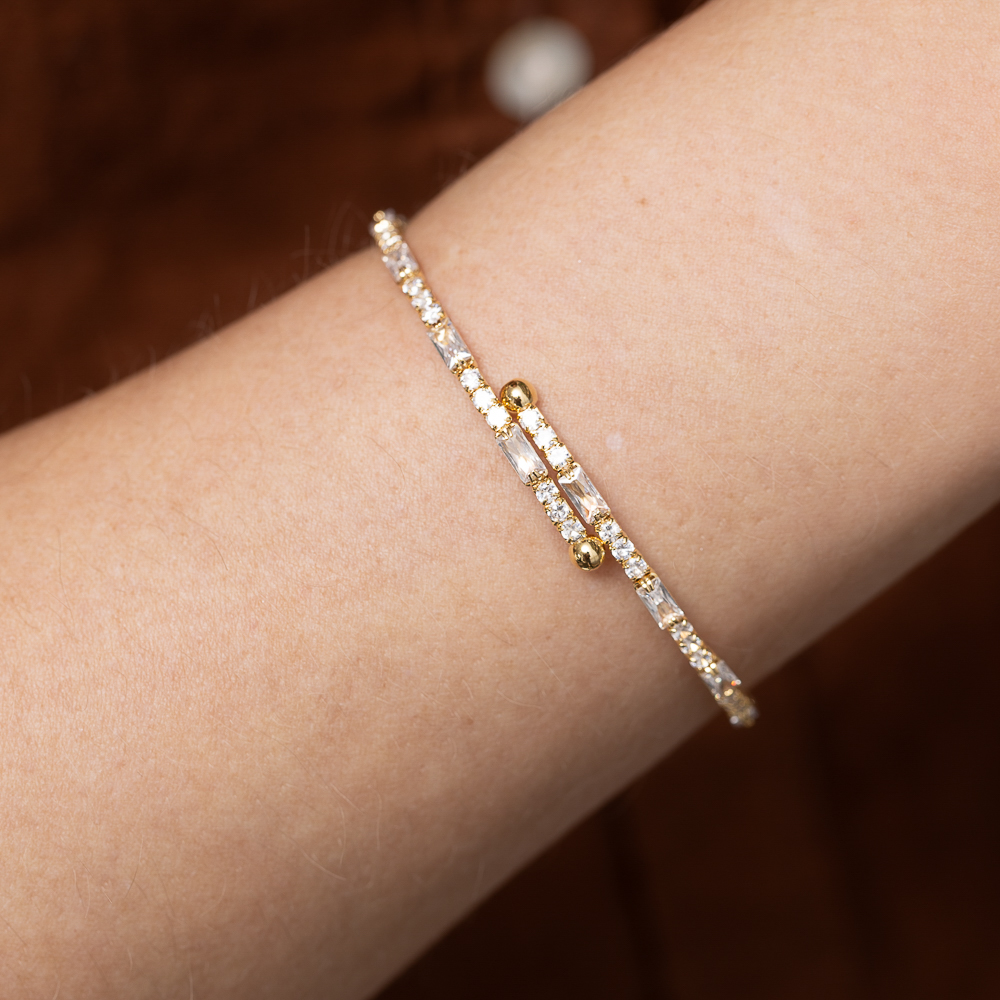 BRACELETE REGULÁVEL COM ZIRCÔNIAS CRISTAIS BANHO OURO 18K