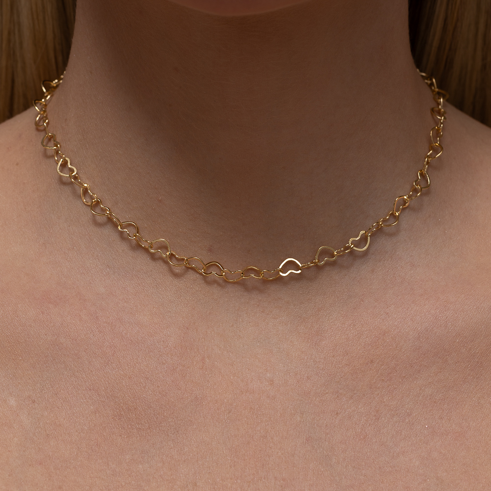 CHOKER ELOS CORAÇÕES BANHO OURO 18K