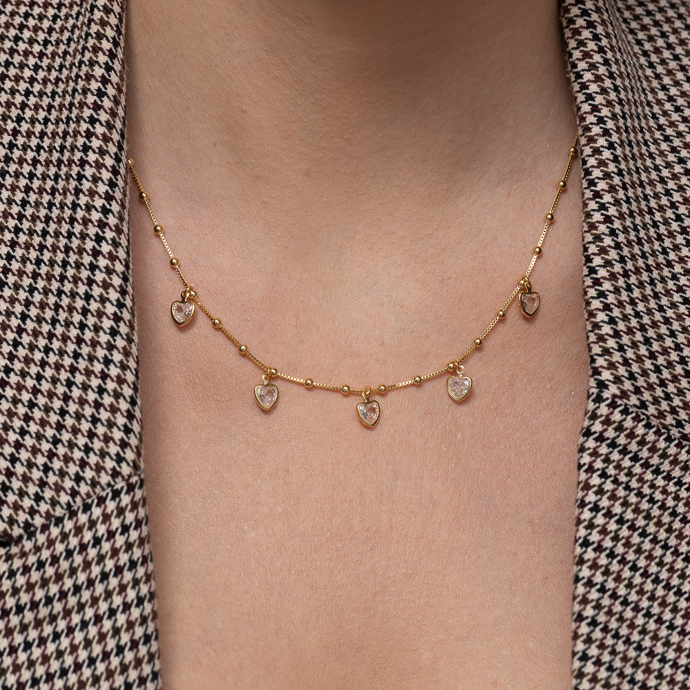 CHOKER BOLINHAS E CORAÇÕES CRISTAIS BANHO OURO 18K