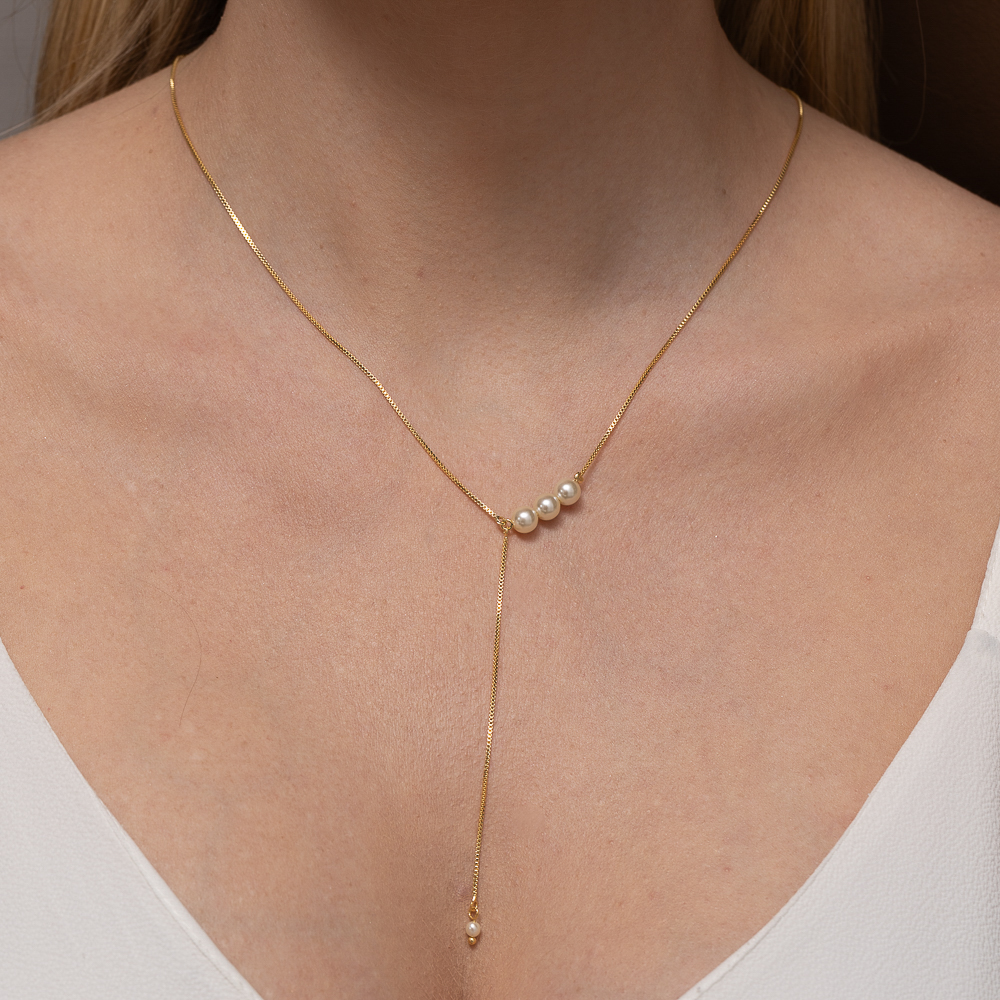 COLAR PÊNDULO COM PÉROLAS BANHO OURO 18K