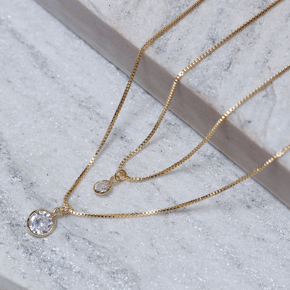 COLAR DUPLO PONTO DE LUZ CRISTAL BANHO OURO 18K