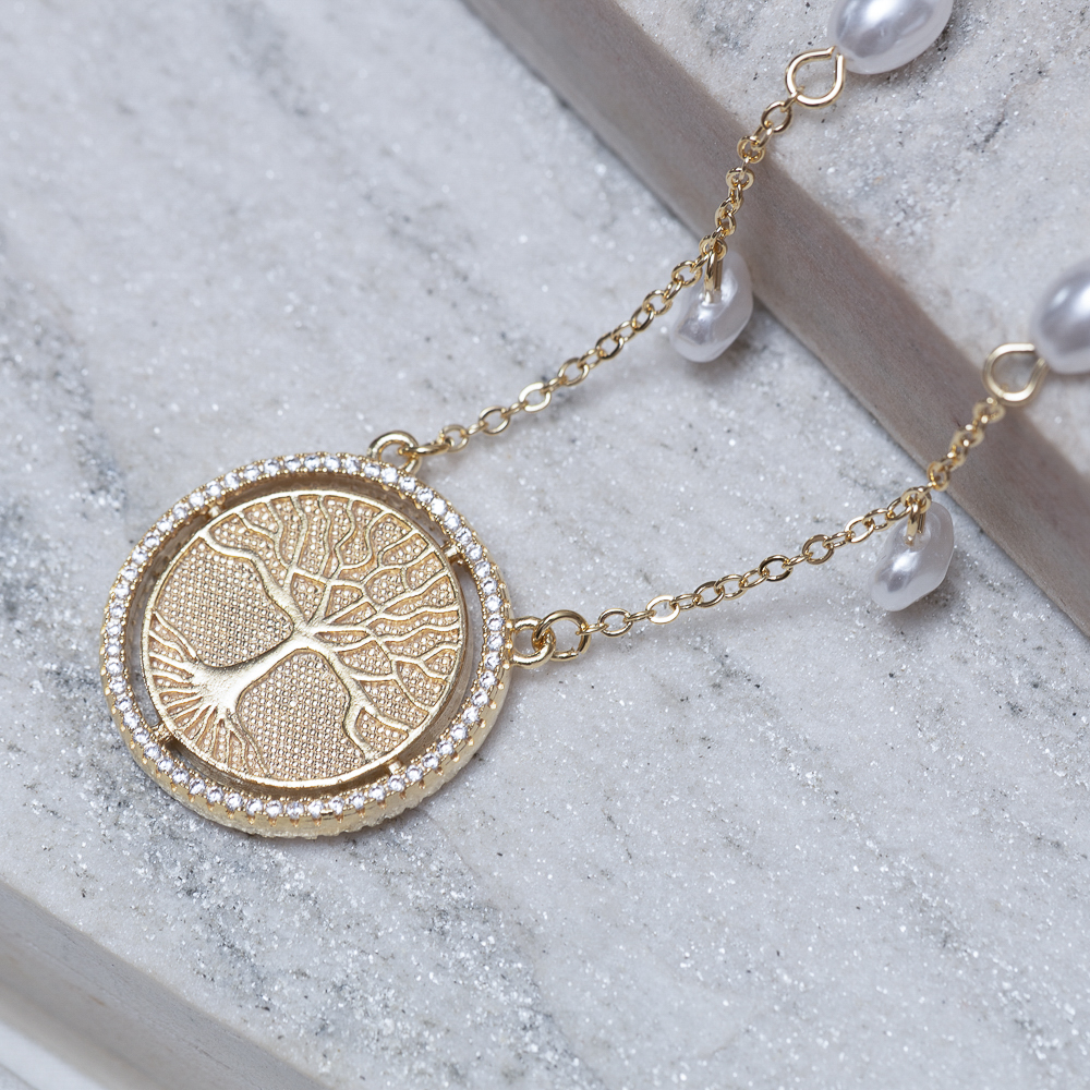 COLAR ESPÍRITO SANTO E ÁRVORE DA VIDA COM PÉROLAS BANHO OURO 18K