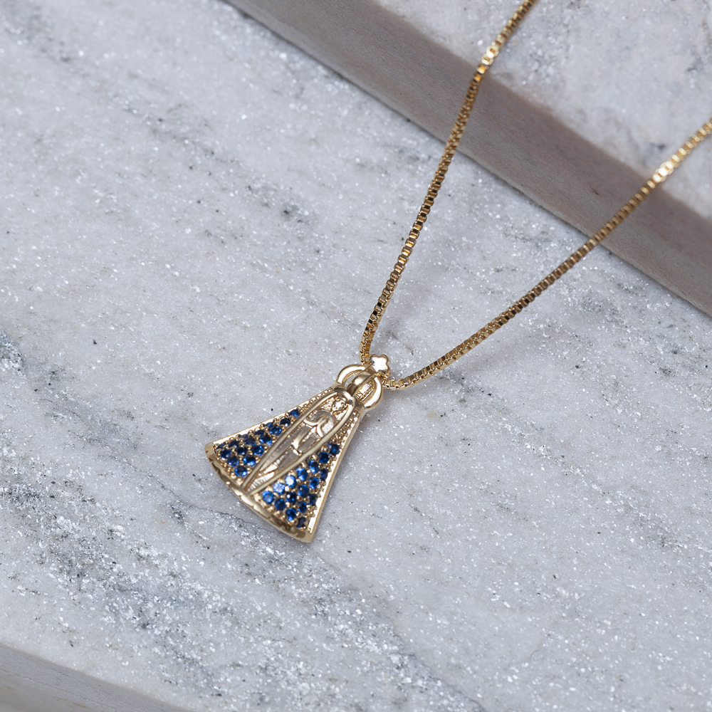 COLAR NOSSA SENHORA G MANTO AZUL BANHO OURO 18K