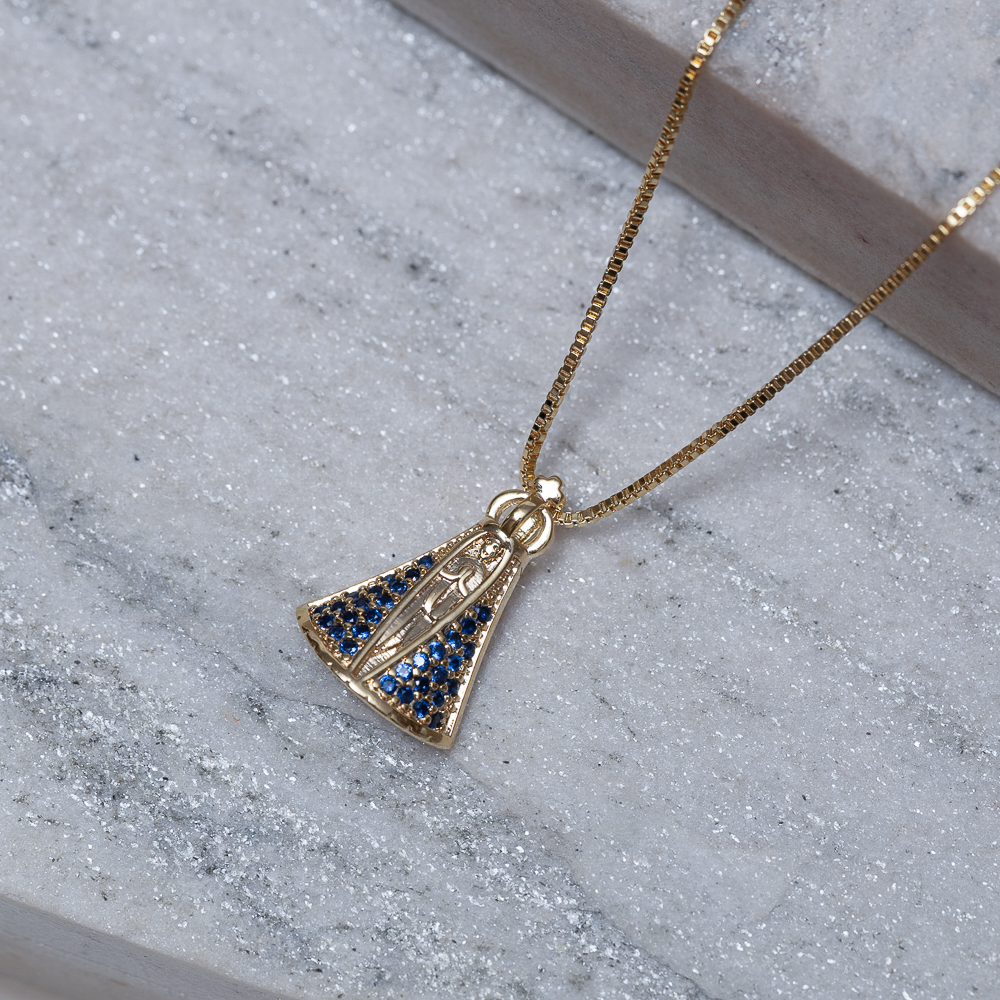 COLAR NOSSA SENHORA G MANTO AZUL BANHO OURO 18K