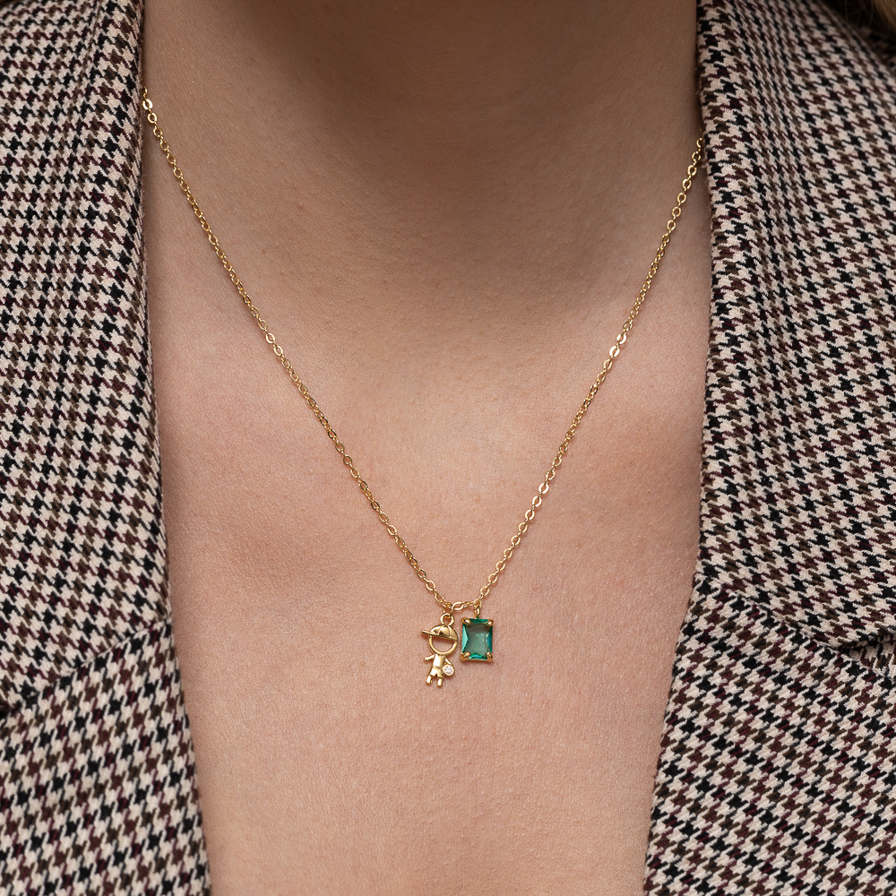 COLAR FILHOS MENINO COM PEDRA VERDE BANHO OURO 18K