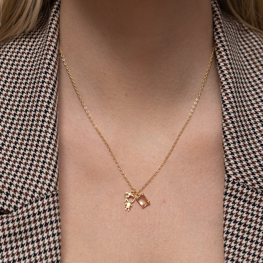 COLAR FILHOS MENINA COM PEDRA ROSA BANHO OURO 18K