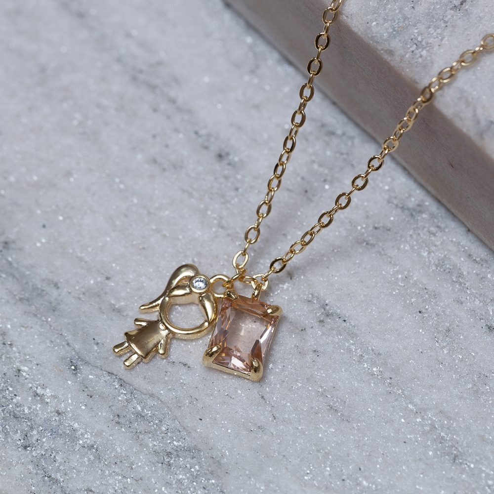 COLAR FILHOS MENINA COM PEDRA ROSA BANHO OURO 18K
