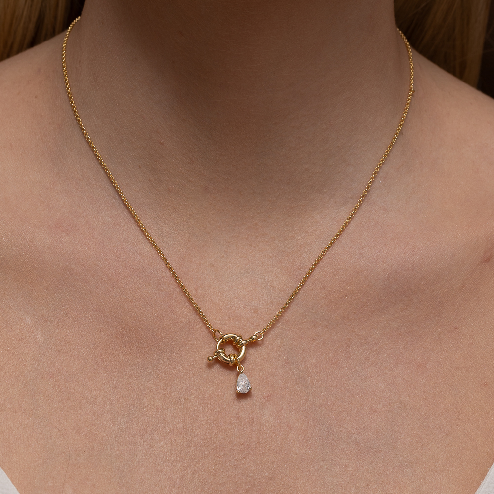 COLAR FECHO BOIA E GOTA CRISTAL BANHO OURO 18K