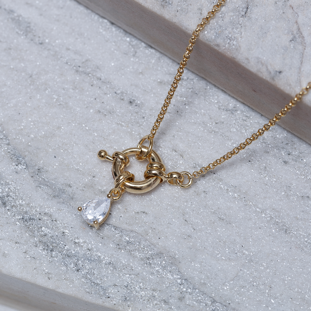 COLAR FECHO BOIA E GOTA CRISTAL BANHO OURO 18K