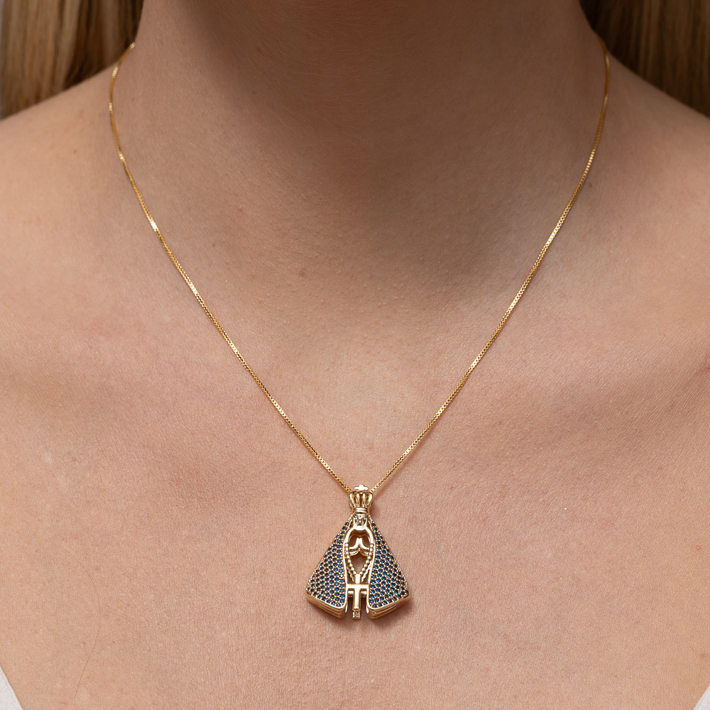 COLAR NOSSA SENHORA DUPLA FACE CRAVEJADA BANHO OURO 18K