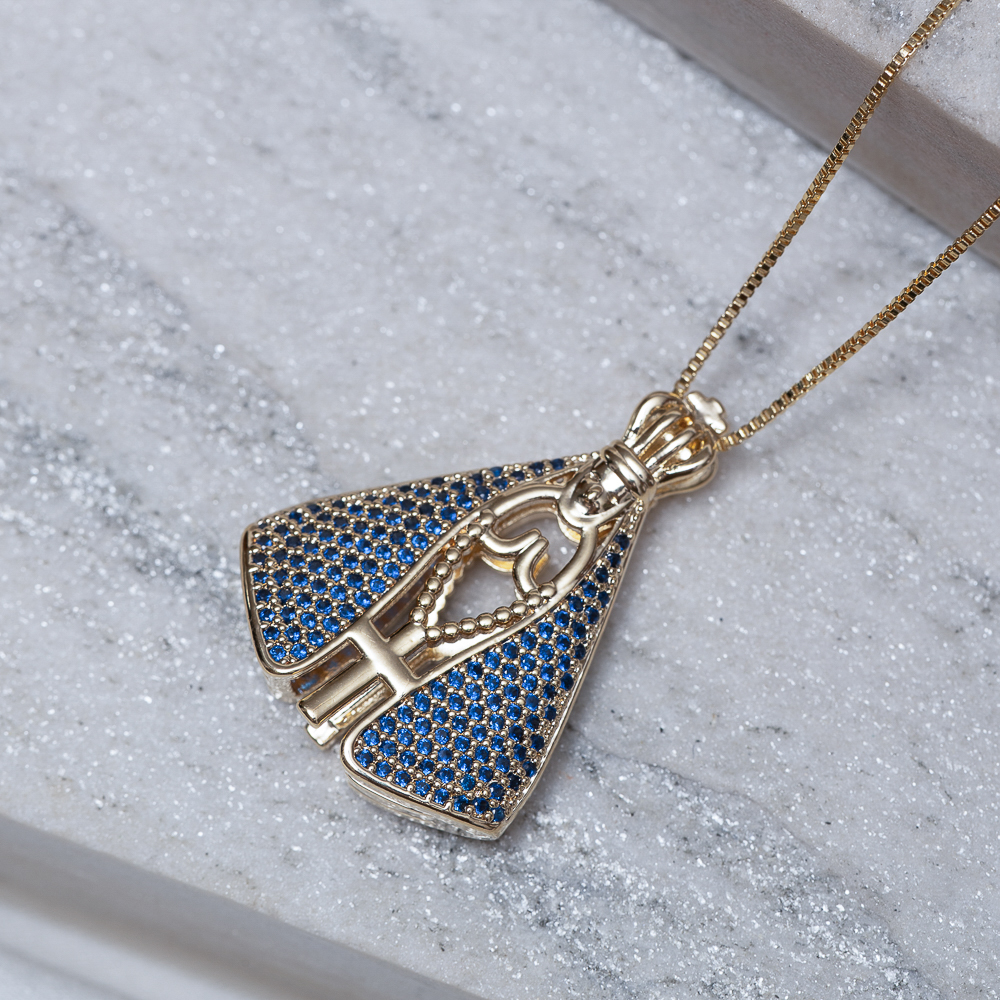 COLAR NOSSA SENHORA DUPLA FACE CRAVEJADA BANHO OURO 18K