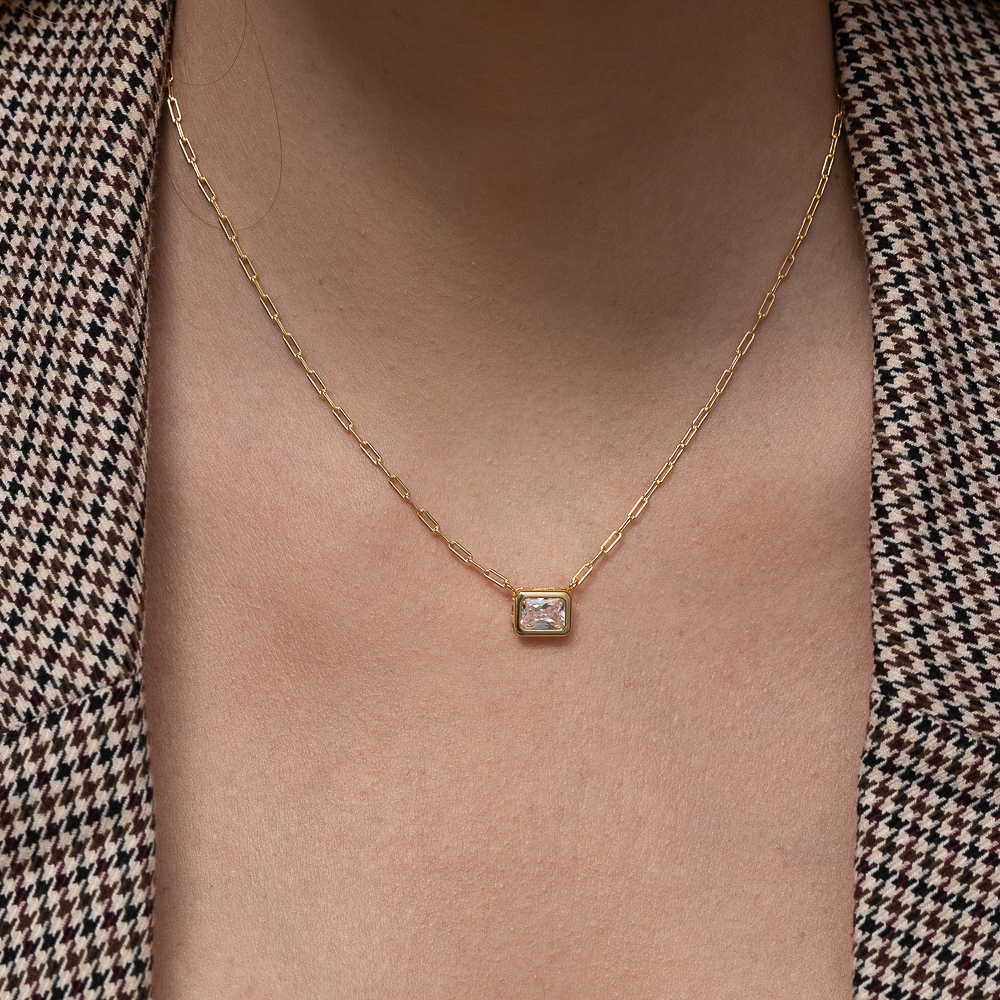 COLAR ELOS CARTIER COM PEDRA CRISTAL BANHO OURO 18K