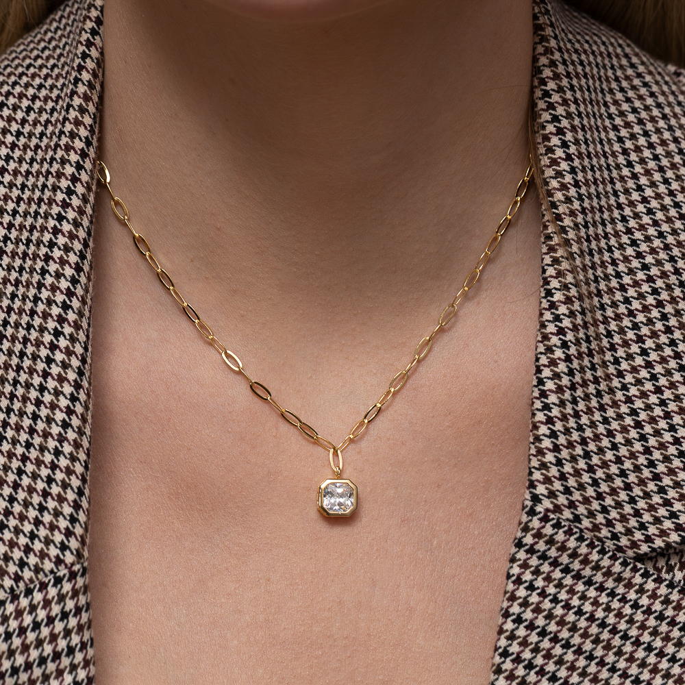 COLAR ELOS OVAIS COM PEDRA CRISTAL BANHO OURO 18K