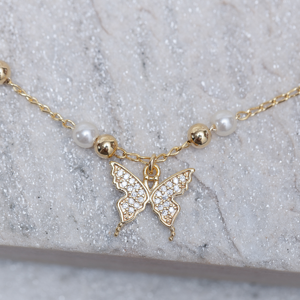 PULSEIRA PÉROLAS E BORBOLETA BANHO OURO 18K