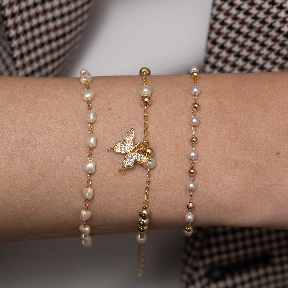 PULSEIRA PÉROLAS E BOLINHAS BANHO OURO 18 K