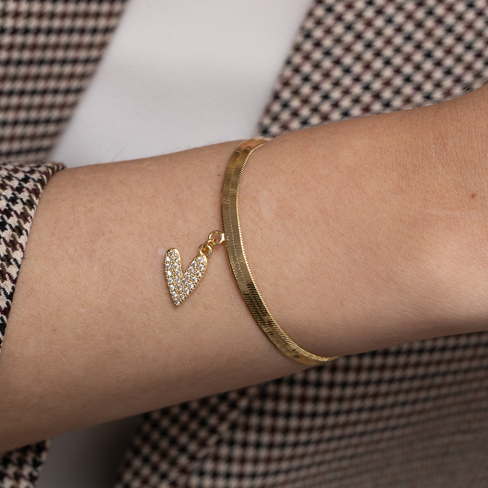 PULSEIRA FITA ESPELHADA COM PINGENTE CORAÇÃO BANHO 18K