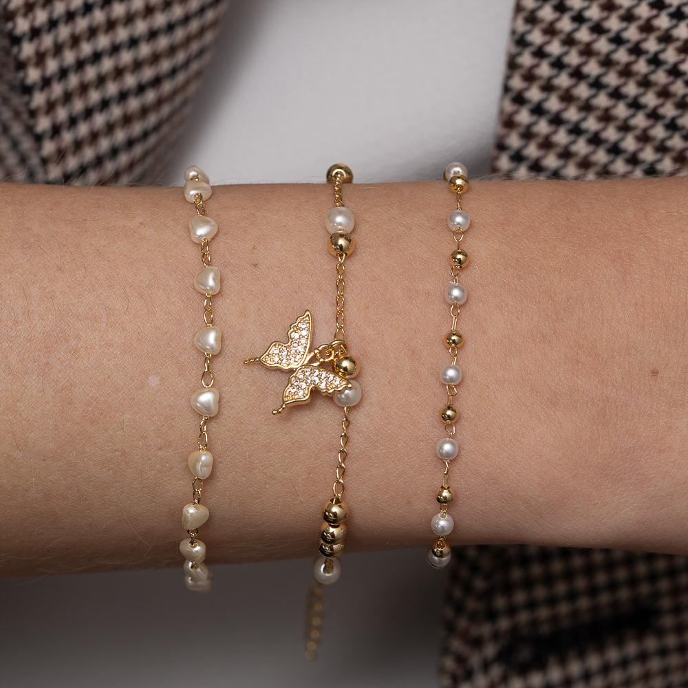 PULSEIRA PÉROLA CORAÇÃO BANHO OURO 18K